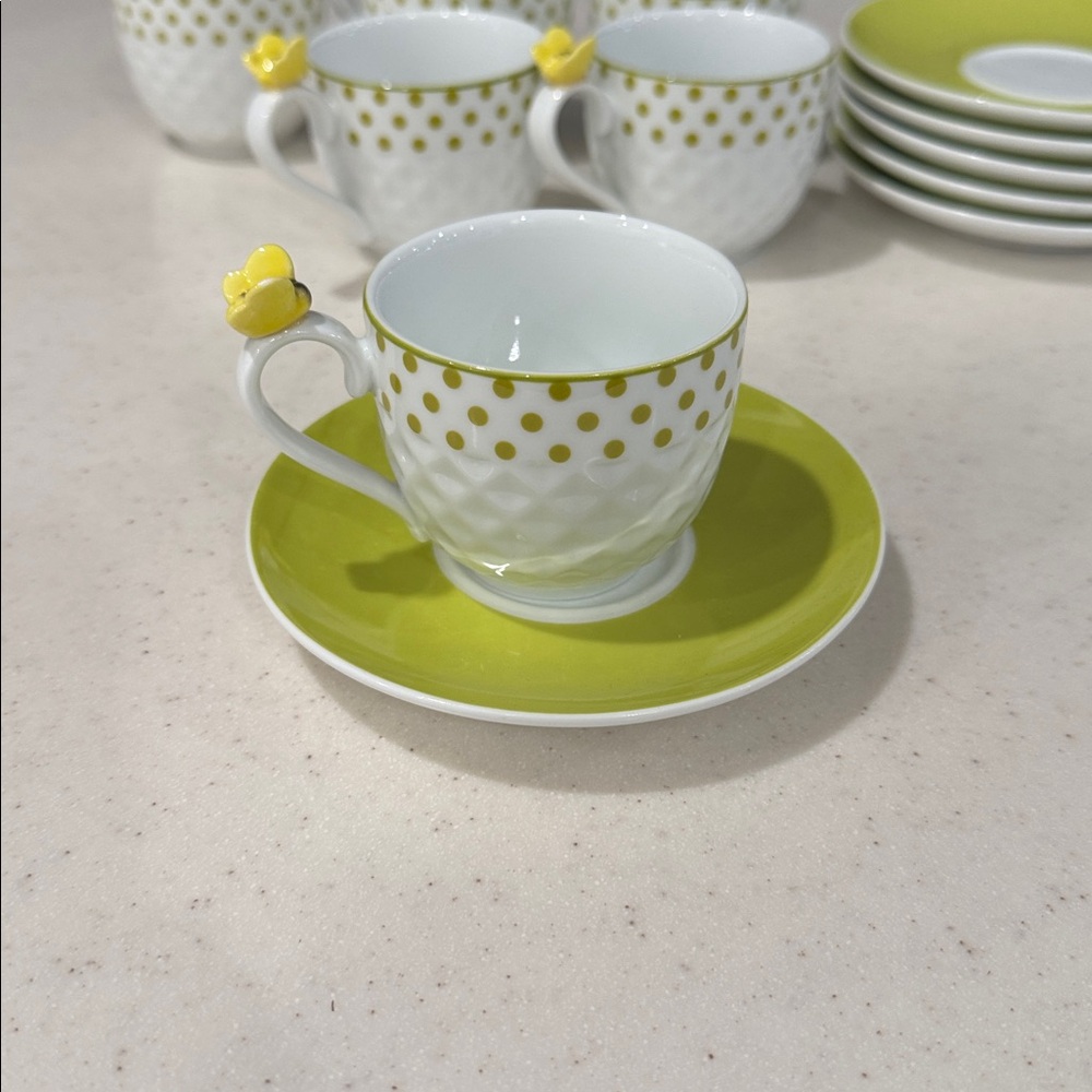 Green Polka Dot coffee cups and plates